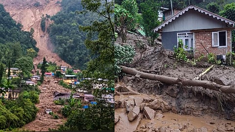 Mud and debris flow down through a residential area following a landslide triggered by continuous rainfall on late Thursday, at Rimbi village, in Yuksom-Tashiding, Sikkim.
