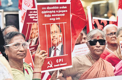The CPI staged a protest in Chennai on Friday seeking action against Gem Granites founder R Veeramani and other accused in the Pocso case. The CPM has demanded that a high court judge monitor the SIT probe 