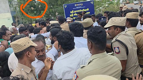 Tension gripped after someone had hurled stone at Sulur TVK MLA NM Sukumar during the inauguration of the desilting work of a pond.
