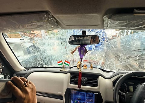 A view of TMC MLA Kunal Ghosh's vandalised car after a group of people allegedly hurled eggs while he was going to a rally of former CM Mamata Banerjee at Serampore, Hooghly, on Saturday.