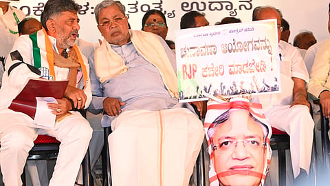 Karnataka Chief Minister D.K. Shivakumar along with former CM Siddaramaiah at a Congress party protest at Freedom Park against the CEC