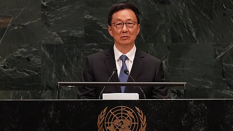Chinese Vice President Han Zheng speaks during the 81st session of the United Nations General Assembly at United Nations headquarters, Saturday, Sept. 26, 2026. 