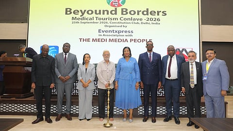 TNIE Editorial Director Prabhu Chawla; Zimbabwe Ambassador Stella Nkomo; Togo
High Commission Chargé d’affaires Kanyi Folivi; Burkina Faso Ambassador Dr Desire
Boniface Some; Honorary Consul General of Cabo Verde in India Dr Sanjay K Dewan;
and Deputy Head of Mission of Kenya High Commission Mary Mutuku at the event