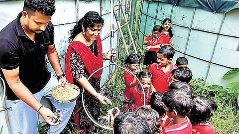 Teachers of Attathod Government Tribal School engaged in fish farming for children’s midday meal programme.
