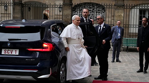 Pope Leo XIV arrives at the Institut Catholique de Paris to meet with members of the provincial synodal assembly, catechumens and neophytes, Saturday, Sept. 26, 2026, in Paris.