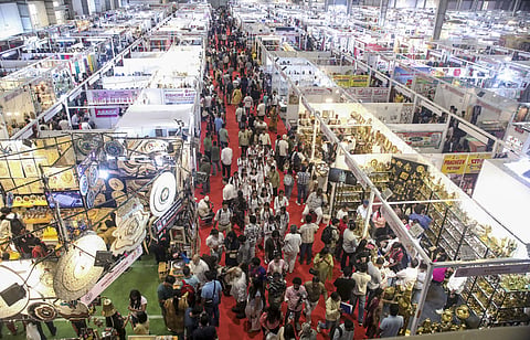 People gather during the fourth edition of the UP International Trade Show, in Greater Noida, Uttar Pradesh, Sunday, Sept. 27, 2026.