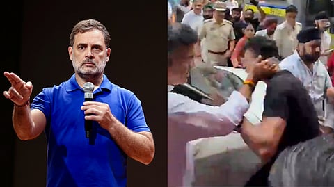 (L) Lok Sabha LoP Rahul Gandhi; (R) Delhi PWD Minister Parvesh Verma is seen slapping a man during an alleged altercation in New Delhi on Sunday.