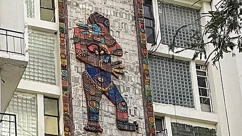 View of the iconic mural by eminent artist Satish Gujral, adorning the facade of the Shastri Bhawan, in New Delhi. 