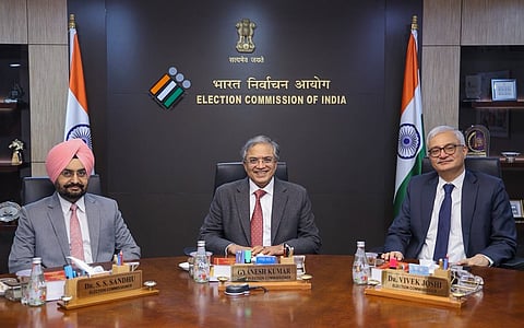Chief Election Commissioner Gyanesh Kumar with Election Commissioners Sukhbir Singh Sandhu and Vivek Joshi 
