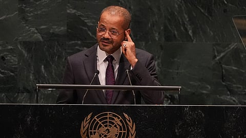 Foreign Minister Sayyid Badr bin Hamad bin Hamood Albusaidi of Oman speaks during the 81st session of the United Nations General Assembly at United Nations headquarters, Saturday, Sept. 26, 2026. 