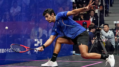 India's Abhay Singh competes against Malaysia's Eain Yow Ng during the men's singles final Squash match in the ongoing 20th Asian Games, in Nagoya, Japan, Sunday, Sept. 27, 2026.