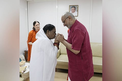 Vice-President C P Radhakrishnan with Mata Amritanandamayi Devi t the Viswa Seva Day celebrations at Amritapuri