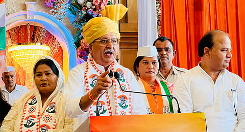 Haryana Congress president Rao Narender Singh addresses a party outreach event in Faridabad on Sunday, Sept. 27, 2026.