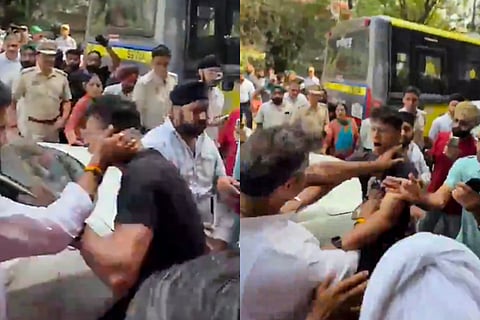 Delhi PWD Minister Parvesh Verma is seen during an alleged altercation with a man in New Delhi. The Aam Aadmi Party on Sunday alleged that Delhi PWD Minister Parvesh Verma slapped a cameraman during a road inspection in the Tilak Nagar Assembly constituency, prompting AAP national convenor Arvind Kejriwal to demand the minister's arrest.
