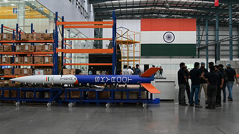 A Vikram-S rocket model at Skyroot Aerospace facility on the outskirts of Hyderabad. The space startup raised $280-300 million earlier this year following successful launches