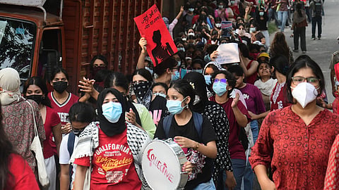 Lady Shri Ram College (LSR) students hold a solidarity march demanding enhanced safety measures following the alleged gang rape of a 17-year-old girl at nearby Aastha Kunj Park, in New Delhi, Wednesday, Sept. 23, 2026.