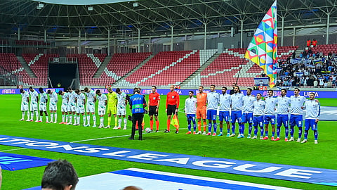 Players of Israel, right, and Ireland stand for the anthems before the UEFA Nations League soccer match between Ireland and Israel in Debrecen, Hungary, Sunday, Sept. 27, 2026.