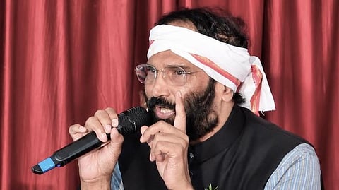 Irrigation Minister N Uttam Kumar Reddy speaks during a programme in Huzurabad.