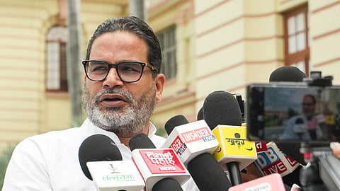 In this file photo from Aug. 17, 2026, Jan Suraaj Party chief Prashant Kishor speaks to the media outside the Bihar Vidhan Sabha in Patna.