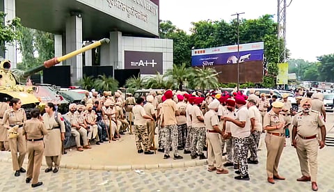 Phagwara: Police personnel stand guard outside the Lovely Professional University (LPU) campus following protests over claims that a female student was raped by an outsider in the university premises, in Phagwara, Kapurthala district, Punjab, Monday, Sept. 28, 2026.