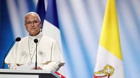 Pope Leo XIV speaks at the meeting "At the Roots of Europe for Peace and Unity", in Metz, France, Monday, Sept. 28, 2026. 