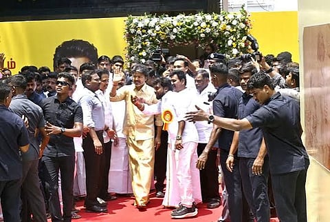 Tamil Nadu Chief Minister C. Joseph Vijay launches the 'Thaimaman Thanga Mothiram Thittam' at Government Rajaji Hospital, Madurai.