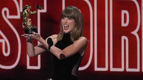Taylor Swift accepts the MTV VMA Artist Director Honors award during the MTV Video Music Awards on Sunday, Sept. 27, 2026, at the Peacock Theater in Los Angeles.