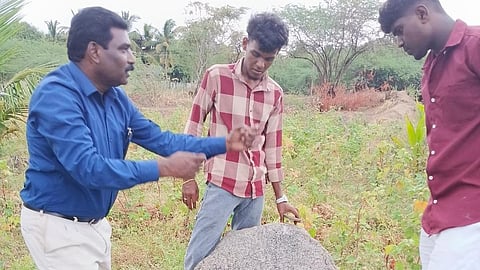 Prof A Selvaraju with students during a field visit to document archaeological remains in Manapparai 