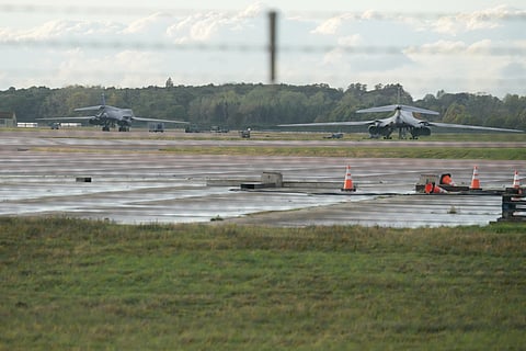 United States Airforce B1 bombers are seen at RAF Fairford, a US Airbase, after an incident in Fairford, England, Sunday, Sept. 27, 2026. 