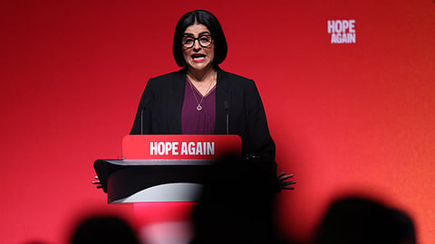 Britain's Home Secretary Shabana Mahmood delivers a speech on the second day of the annual Labour Party conference in Liverpool, north-west England, on September 28, 2026.