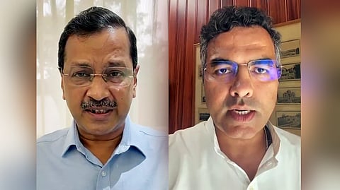 (L-R) Aam Aadmi Party national convenor Arvind Kejriwal and Delhi PWD Minister Parvesh Verma of the BJP.