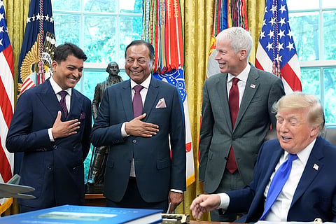 President Donald Trump, from right, speaks as Energy Secretary Chris Wright, Essar Capital Director Prashant Ruia, Mesabi Metallics Chairman Rewant Ruia and Mesabi Metallics CEO Joe Broking listen in the Oval Office of the White House, Monday, Sept. 28, 2026, in Washington