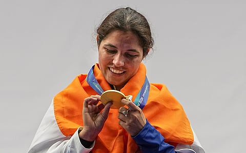 Neeru Dhanda after winning the women's trap event on Tuesday