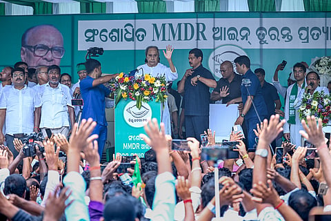 LoP Naveen Patnaik addressing the gathering during the BJD protest against MMDR Act, 2026, at Gandhi Marg in Bhubaneswar on Monday .