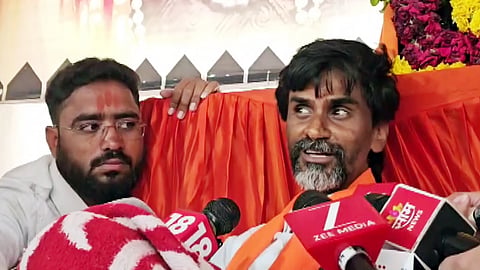 In this file photo from Aug. 30, 2026, Maratha quota activist Manoj Jarange Patil speaks to media during his protest in Parbhani, Maharashtra.