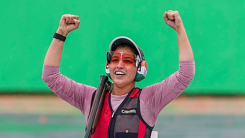 India's Neeru Dhanda celebrates after winning the gold medal in the women's trap shooting individual event during the ongoing 20th Asian Games, in Nagoya, Japan, Tuesday, Sept. 29, 2026.