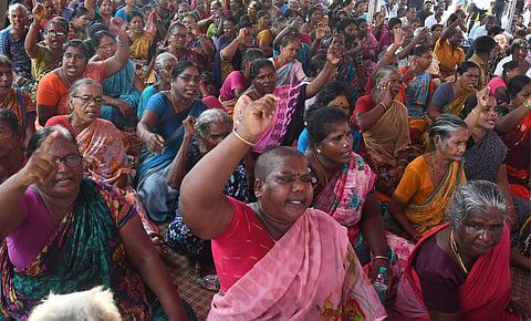 Members of local fishermen communities take out mass protest against the proposal of the construction of Secretariat at Srinivasapuram  beach front, on Tuesday in Chennai.