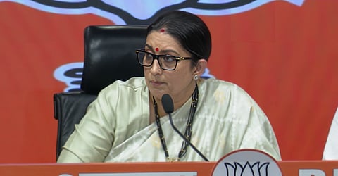 Senior BJP leader Smriti Irani addressing a press conference in New Delhi.
