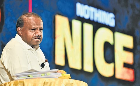 Union Minister HD Kumaraswamy addresses the media in Bengaluru on Tuesday. He presented certain documents concerning the alleged NICE scam.    