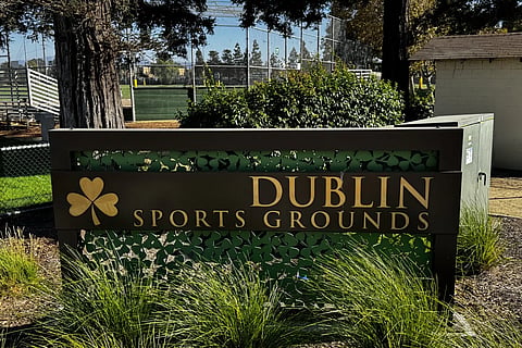 This photo taken with a smartphone shows a Dublin Sports Grounds sign in Dublin, Calif., Monday, Sept. 28, 2026.