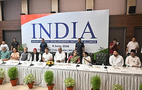INDIA bloc leaders are seen during a meeting in New Delhi on June 8, 2026.