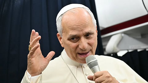 Pope Leo XIV speaks to journalists aboard the flight from Metz, France, to Rome, at the end of his four-day visit to France, Monday, Sept. 28, 2026.