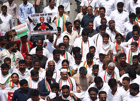 TPCC led by its president B Mahesh Kumar Goud take part in a protest rally in from Indira Gandhi statue to BRKR Bhavan in Hyderabad demanding the resignation of Chief Election Commissioner Gyanesh Kumar over alleged irregularities in SIR of electoral rolls on Monday.