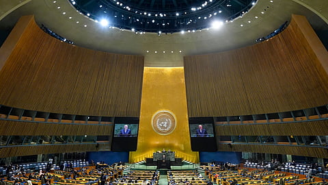 Algeria's Minister of Foreign Affairs Ahmed Attaf addresses the 81st session of the United Nations General Assembly at United Nations headquarters, Monday, Sept. 28, 2026. 