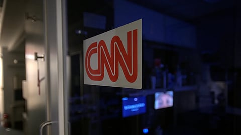 A logo on a booth for CNN is seen in the press area at the White House, Saturday, Sept. 26, 2026, in Washington.