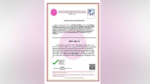 After the prescribed fee was paid, the application went through the system and a digital certificate was generated. It recorded the applicant as having completed BSc Nursing training from Bhopal Nursing College between July 16, 2021 and August 13, 2025. 