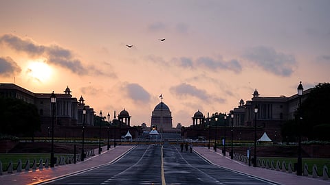 A view of the sunset over Kartavya Path and Rashtrapati Bhavan, in New Delhi, Sept. 26, 2026.
