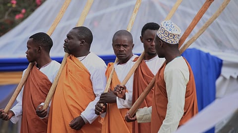 Mourners gather for the funeral of Tooro's King Oyo Nyimba in the remote city of Fort Portal, near the Congo border in Uganda, Saturday, Sept. 12, 2026.