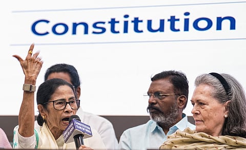 TMC supremo Mamata Banerjee speaks during a press conference following the INDIA bloc coordination meeting regarding Chief Election Commissioner Gyanesh Kumar and the Special Intensive Revision (SIR) exercise as Parliamentary Party Chairperson Sonia Gandhi looks on, in New Delhi, Wednesday, Sept. 30, 2026.