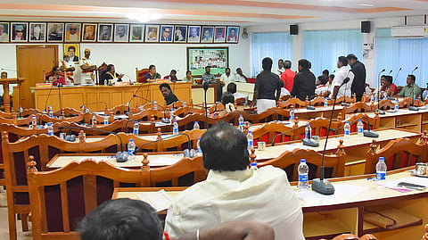 
The empty chairs after the DMK members walked out of the city corporation council meeting to protest the corporations lack of function in Tiruchy on Tuesday. 